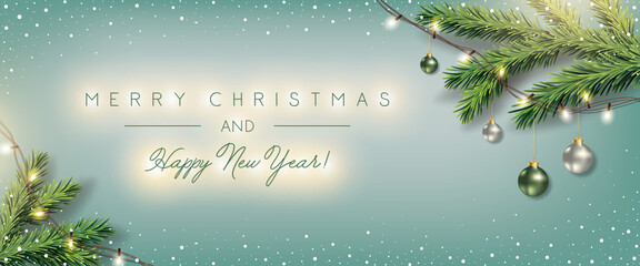 Christmas Blue Background with Xmas Balls, Fir, Christmas Lights decoration and Elegant Greeting Text of Winter Holidays	