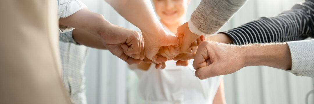 Panoramic Teamwork,partnership and Social connection in business join hand together concept.Hand of diverse people connecting.Power of volunteer charity work, Stack of people hand.