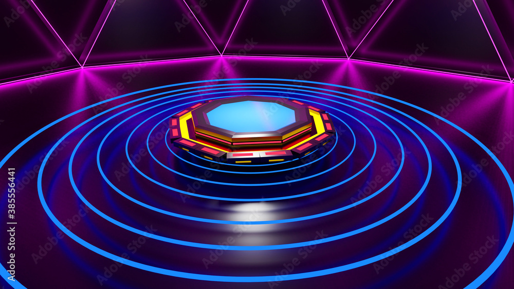Poster 3d rendering moke up platform blue halo glow black background for displaying abstract product