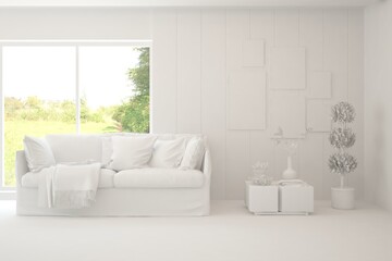 White living room with sofa and summer landscape in window. Scandinavian interior design. 3D illustration