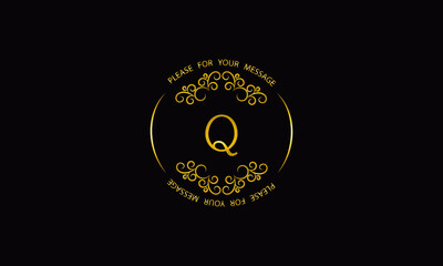 Graceful gold monogram design template on black background. Elegant logo with Q sign for royalty, business card, boutique, hotel, heraldic, jewelry.