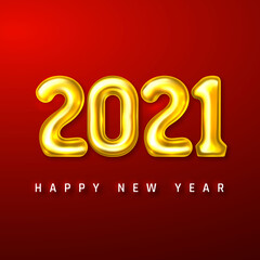 Happy New Year 2021 cover. Golden helium balloon numbers 2021 on red bakground. Vector illustration