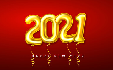 Happy New Year 2021 cover. Golden helium balloon numbers 2021 on red bakground. Vector illustration