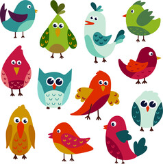 Fototapeta premium Collection of Twelve Cute Vector Cartoon Birds
