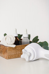 Various wellness and spa treatment products on white background. Zero waste natural cosmetics on a dressing table.