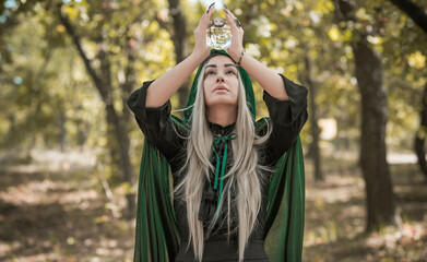 Mystical scene at forest, wizard look, Halloween ideas, magic costume