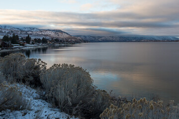 Beautiful winter sunset at Chelan lake in Washington, USA