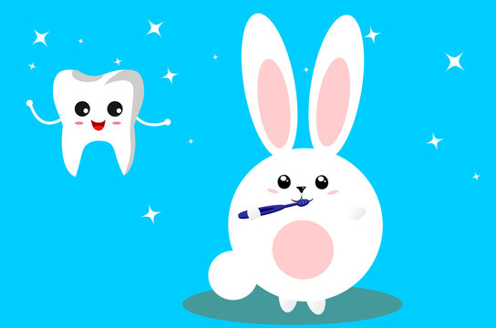 Bunny, rabbit is brushing his teeth. Oral hygiene. Tooth and toothbrush. Vector illustration.