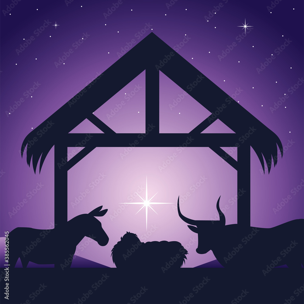 Wall mural nativity, manger baby jesus and animals traditional celebration religious, glow star background