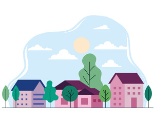 Fototapeta premium City landscape with houses trees clouds and sun design, architecture and urban theme Vector illustration
