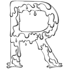 Letter R with flow drops and goo splash. Dripping liquid symbol. Vector trendy font made in hand drawn line art style isolated on white background. Slime logo or initial letter.
