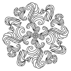 Underwater Mandala. Stylized waves, water plants, fish . The bottom of the sea, aquarium fish.