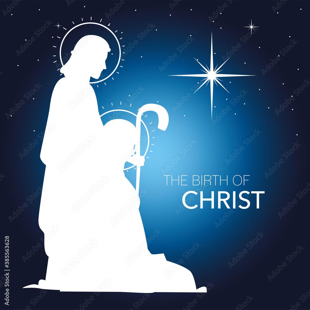 Wall mural nativity, white silhouette joseph and mary with shining star blue background