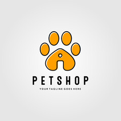 pet shop logo with footprints vector illustration design, line art pet house creative logo design