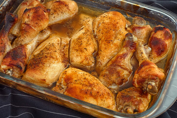 Roasted chicken breasts and legs in a glass baking tray.