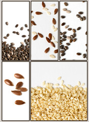 Collage of macro photos of flax seeds, Chia seeds and flax seeds.