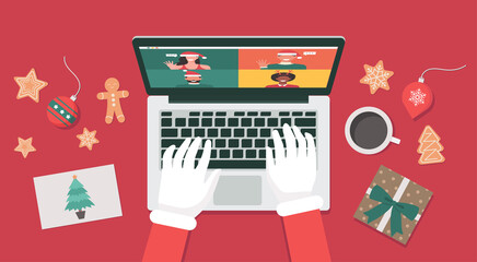 Santa Claus hand using a laptop to meeting online together with people via video calling and virtual discussing on Christmas holiday concept, vector flat lay illustration