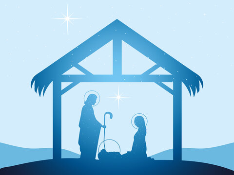 nativity, bright silhouette Mary Joseph and baby Jesus manger