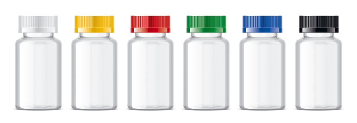 Medical Bottles with colored Caps set. 