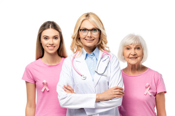 Women and doctor with crossed arms looking at camera isolated on white, concept of breast cancer