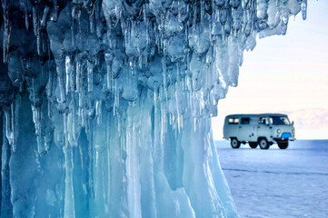 icicles on ice with a van