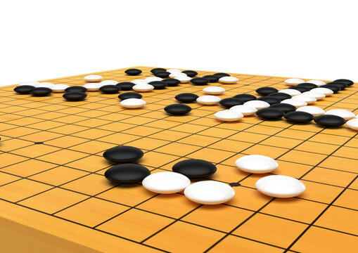 A GOBAN wooden board with white and black pieces. / 3D Render