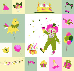 A positive postcard for a birthday with a clown. A set of accessories for the holiday.