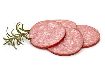 Salami smoked sausage slices, close-up, isolated on white background