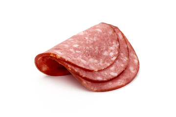 Salami smoked sausage slices, close-up, isolated on white background