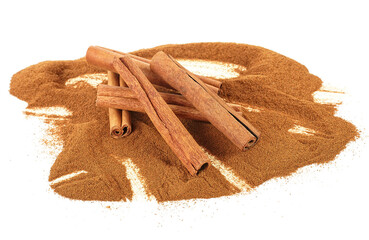 Cinnamon stick with powder isolated on a white background, closeup. Delicious cinnamon sticks.