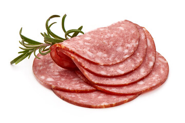 Salami smoked sausage slices, close-up, isolated on white background