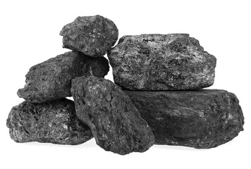 Pile of black coal isolated on a white background. Industrially mined coal.