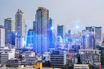 World planet Earth map hologram over panorama city view of Bangkok, Asia. The concept of international connections and business. Multi Exposure.
