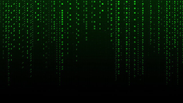 Green matrix background. Falling dots on screen. Technology stream binary code. Digital vector illustration. Hacking concept.