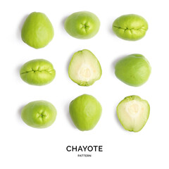 Creative layout made of chayote on the white background.. Flat lay. Food concept.  