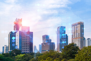 World planet Earth map hologram over panorama city view of Bangkok, Asia. The concept of international connections and business. Multi Exposure.