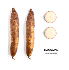 Creative layout made of cassava on the white background.. Flat lay. Food concept.  
