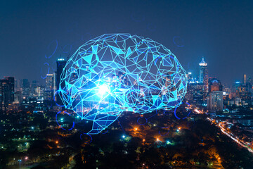 Human brain hologram, aerial panoramic city view of Bangkok at night. Educational cluster in Asia. The concept of artificial intelligence. Double exposure.