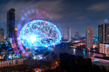 Fototapeta premium Human brain hologram, aerial panoramic city view of Bangkok at night. Educational cluster in Asia. The concept of artificial intelligence. Double exposure.
