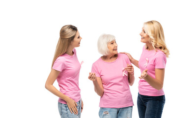 Obraz premium Women with pink ribbons of breast cancer awareness talking isolated on white