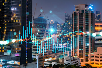 FOREX graph hologram, aerial night panoramic cityscape of Bangkok, the developed location for stock market researchers in Asia. The concept of fundamental analysis. Double exposure.