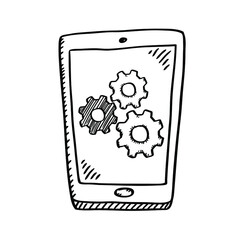 Cartoon style black and white doodle of mobile phone with couple gears on screen. Black and white vector illustration.