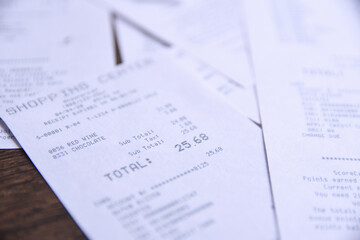 Obraz premium Background from checks from purchases from shops. Close up