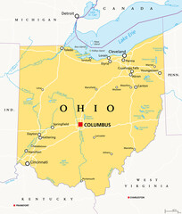Ohio, OH, political map. State in East North Central region of Midwestern United States of America. Capital Columbus. The Buckeye State. Birthplace of Aviation. Heart of It All. Illustration. Vector.