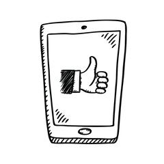 Cartoon style black and white doodle of mobile phone with thumbs up hand on screen. Black and white vector illustration.