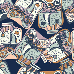 Vector seamless lined pattern design of sea landscape with sailboat and sun