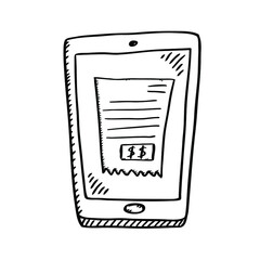 Cartoon style black and white doodle of mobile phone with bill on screen. Black and white vector illustration.