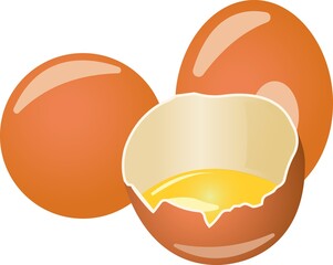 Three brown eggs with yolk. Color image of food. Vector illustration isolated on white background.