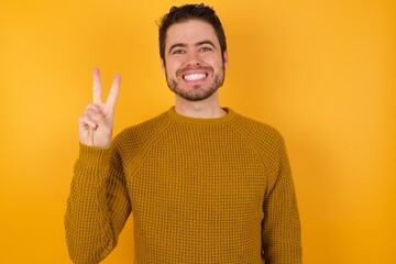 Young man wearing casual sweater and over isolated yellow background showing and pointing up with fingers number two while smiling confident and happy.