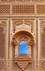 Exterior detail of Patwon Ki Haveli in Jaisalmer, Rajasthan, India. A haveli is a traditional townhouse or mansion in the Indian subcontinent.